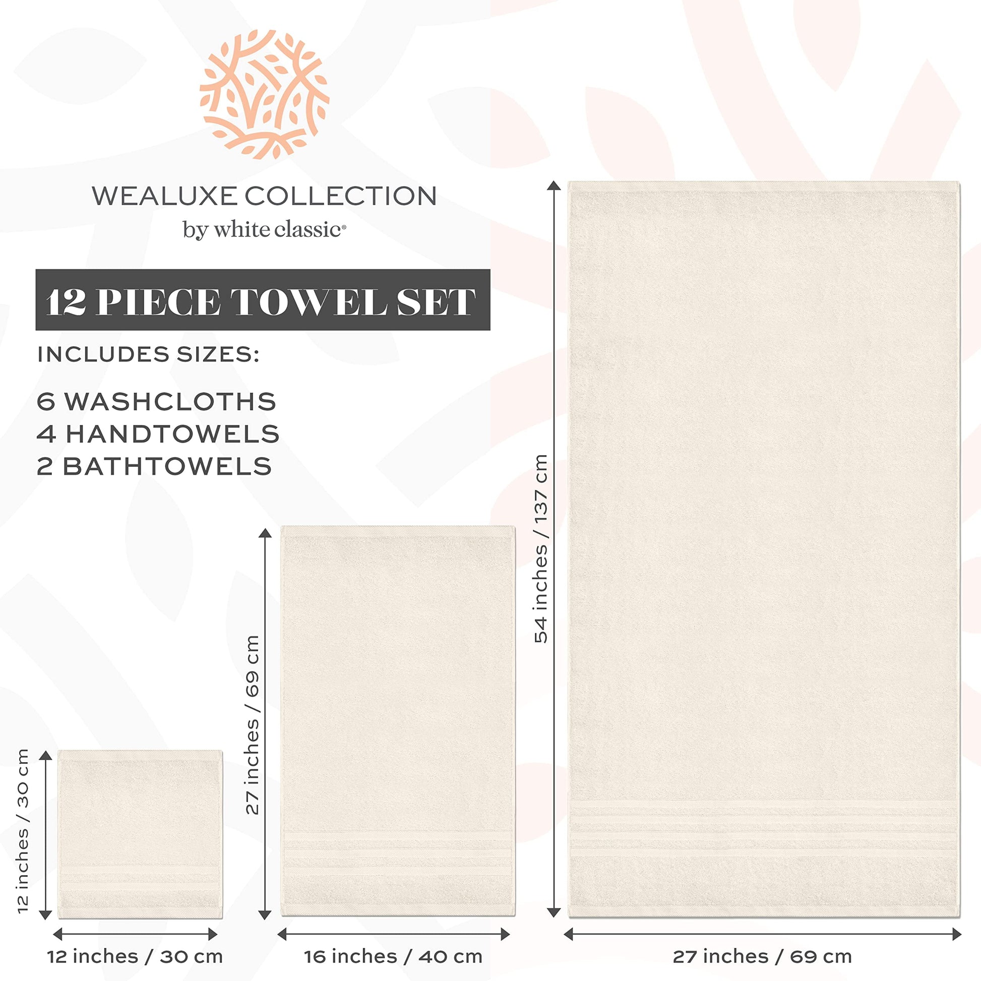 12 Piece Bath Towel Set for Bathroom - Wealuxe Collection 2 Bath Towels, 4 Hand Towels, 6 Washcloths 100% Cotton Soft and Plush Highly Absorbent, Soft Towel for Hotel & Spa - Ivory