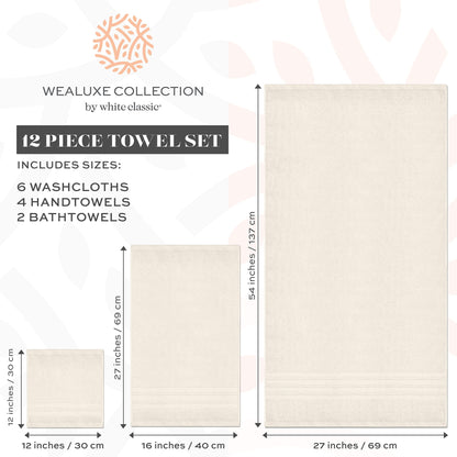 12 Piece Bath Towel Set for Bathroom - Wealuxe Collection 2 Bath Towels, 4 Hand Towels, 6 Washcloths 100% Cotton Soft and Plush Highly Absorbent, Soft Towel for Hotel & Spa - Ivory