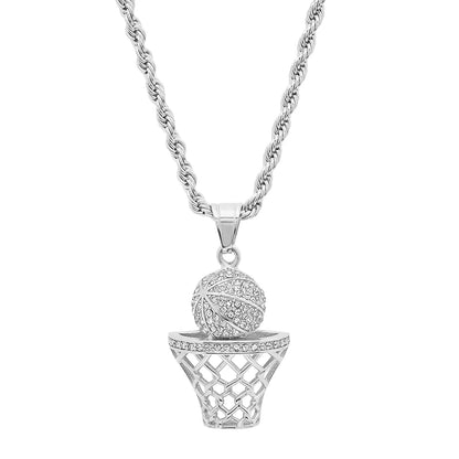 Men'S 18K Silver Plated Stainless Steel Basketball Hoop Chain Pendant Necklace