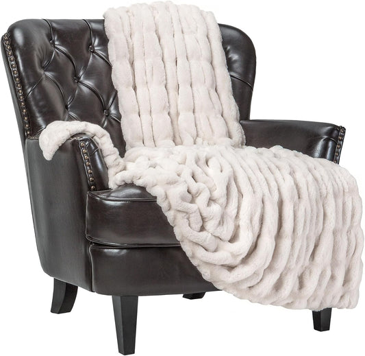 Premium Ruched Faux Fur Throw Blanket - Luxurious, Soft Reversible Mink Blanket - 50" X 65” - Cloud