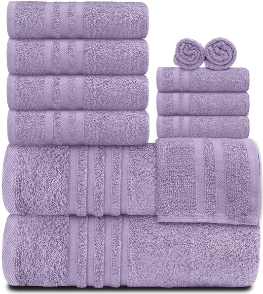 12 Piece Bath Towel Set for Bathroom - Wealuxe Collection 2 Bath Towels, 4 Hand Towels, 6 Washcloths 100% Cotton Soft and Plush Highly Absorbent, Soft Towel for Hotel & Spa - Lavender