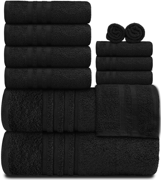 12 Piece Bath Towel Set for Bathroom - Wealuxe Collection 2 Bath Towels, 4 Hand Towels, 6 Washcloths 100% Cotton Soft and Plush Highly Absorbent, Soft Towel for Hotel & Spa - Black