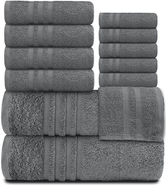 12 Piece Bath Towel Set for Bathroom - Wealuxe Collection 2 Bath Towels, 4 Hand Towels, 6 Washcloths 100% Cotton Soft and Plush Highly Absorbent, Soft Towel for Hotel & Spa - Gray