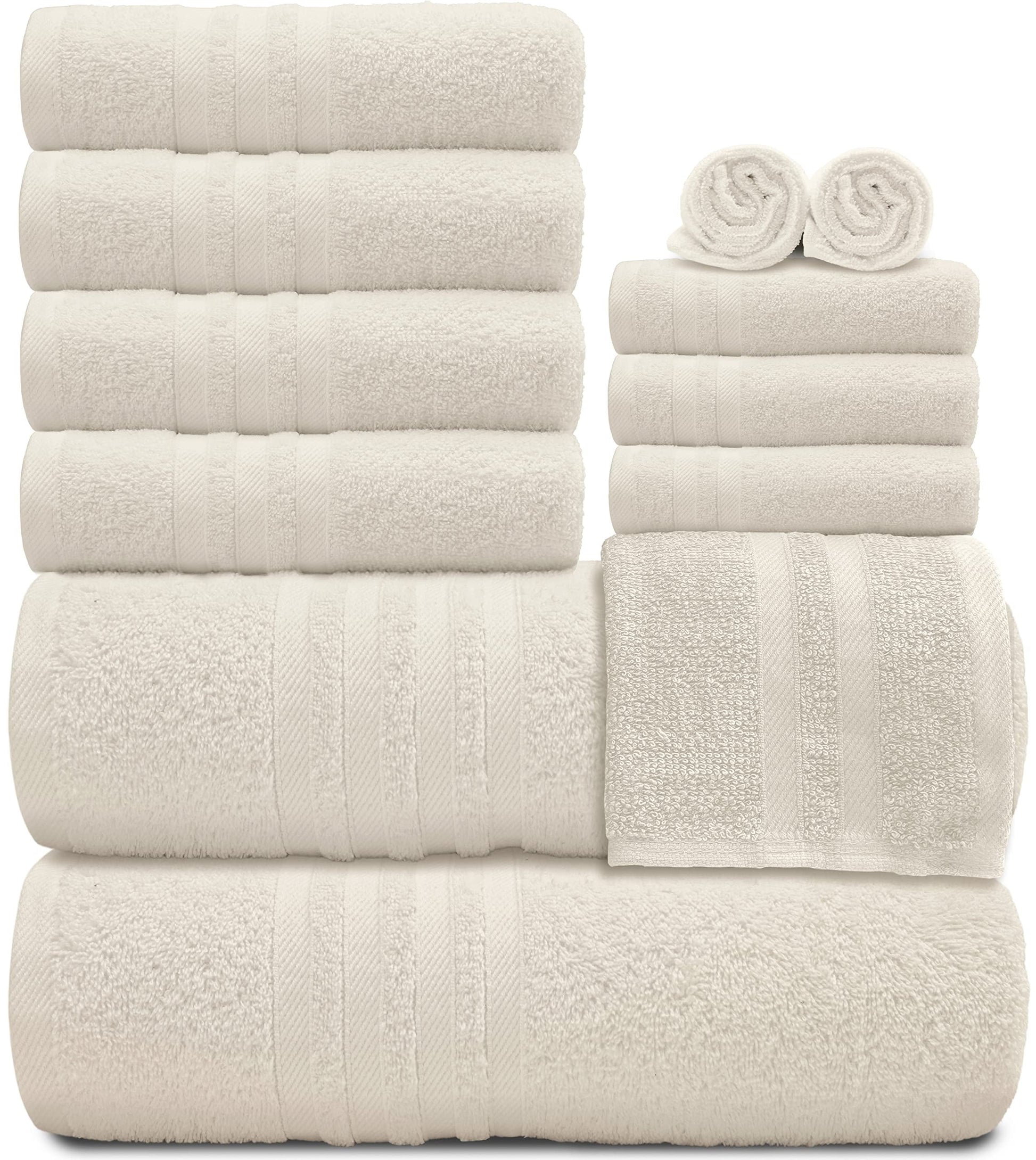 12 Piece Bath Towel Set for Bathroom - Wealuxe Collection 2 Bath Towels, 4 Hand Towels, 6 Washcloths 100% Cotton Soft and Plush Highly Absorbent, Soft Towel for Hotel & Spa - Ivory