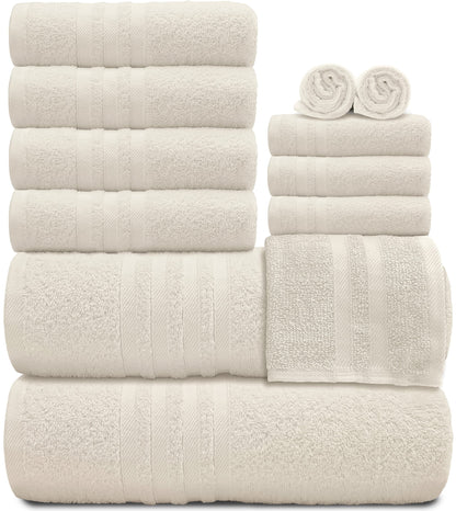 12 Piece Bath Towel Set for Bathroom - Wealuxe Collection 2 Bath Towels, 4 Hand Towels, 6 Washcloths 100% Cotton Soft and Plush Highly Absorbent, Soft Towel for Hotel & Spa - Ivory