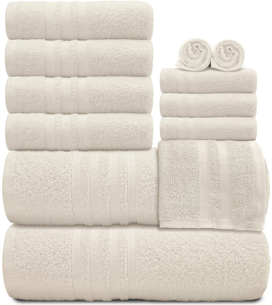 12 Piece Bath Towel Set for Bathroom - Wealuxe Collection 2 Bath Towels, 4 Hand Towels, 6 Washcloths 100% Cotton Soft and Plush Highly Absorbent, Soft Towel for Hotel & Spa - Ivory