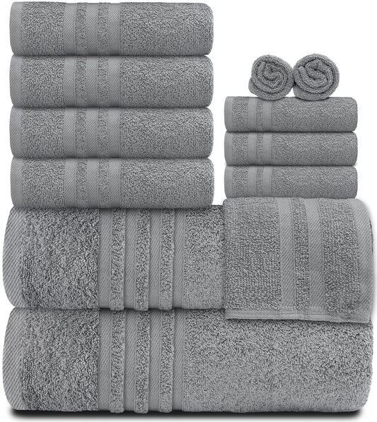 12 Piece Bath Towel Set for Bathroom - Wealuxe Collection 2 Bath Towels, 4 Hand Towels, 6 Washcloths 100% Cotton Soft and Plush Highly Absorbent, Soft Towel for Hotel & Spa - Light Gray
