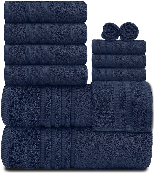 12 Piece Bath Towel Set for Bathroom - Wealuxe Collection 2 Bath Towels, 4 Hand Towels, 6 Washcloths 100% Cotton Soft and Plush Highly Absorbent, Soft Towel for Hotel & Spa - Navy
