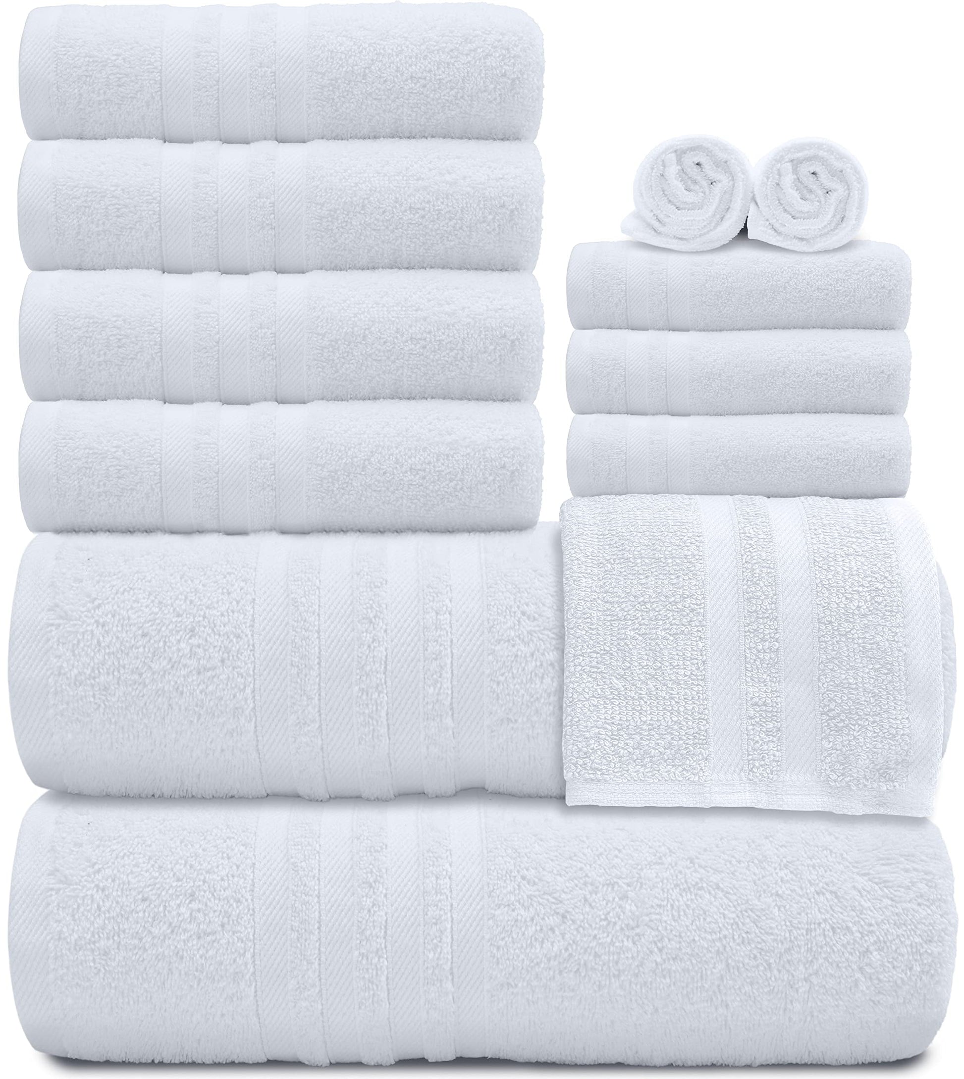 12 Piece Bath Towel Set for Bathroom - Wealuxe Collection 2 Bath Towels, 4 Hand Towels, 6 Washcloths 100% Cotton Soft and Plush Highly Absorbent, Soft Towel for Hotel & Spa - White