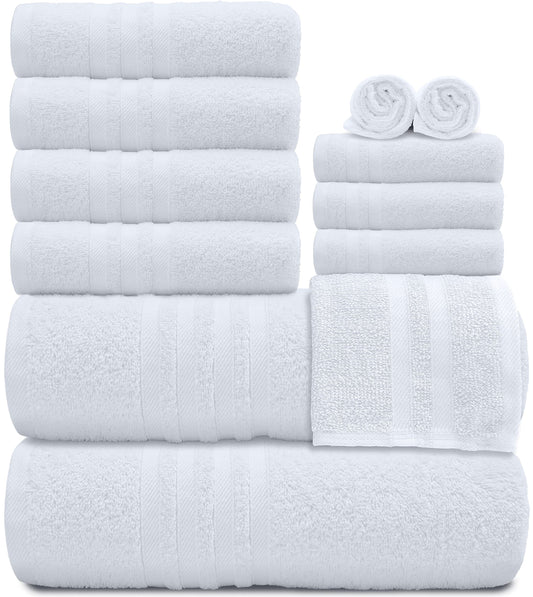 12 Piece Bath Towel Set for Bathroom - Wealuxe Collection 2 Bath Towels, 4 Hand Towels, 6 Washcloths 100% Cotton Soft and Plush Highly Absorbent, Soft Towel for Hotel & Spa - White