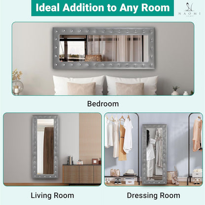 Crystal Tufted Floor Mirror Full Length, 63" LX22 W Wall Mirror, Standing Mirror,Wall Mirror with Faux Wood Frame, Full Length Mirrors for Bedroom - Gray