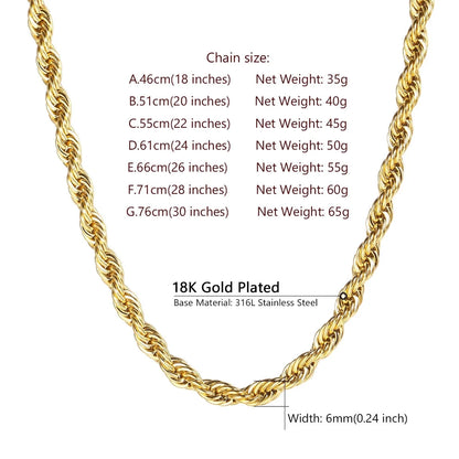 Men Necklace 18K Gold Plated Replacement Rope Chain for Men Gift 6Mm 20Inches 316L Stainless Steel