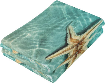 Starfish and Seashell Face Towel Set of 2, Summer Hand Towel Dish Towels Beach Towels Bath Kitchen Decor Set, 30X15