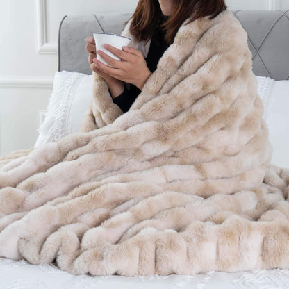 Ruched Luxurious Soft Beige Faux Fur Throw Blanket Fuzzy Plush Elegant with Reversible Mink Blanket for Sofa,Chair, Couch, Living Room, Home Decorative Blanket Tie Dye (Beige, 50"X60")