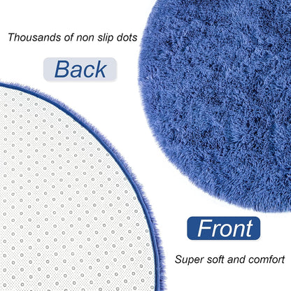 Luxury round Fluffy Area Rugs for Bedroom Kids Girls Room Nursery, Super Soft Circle Rug, Cute Shaggy Carpet for Children Living Room, 4X4 Feet Light Navy
