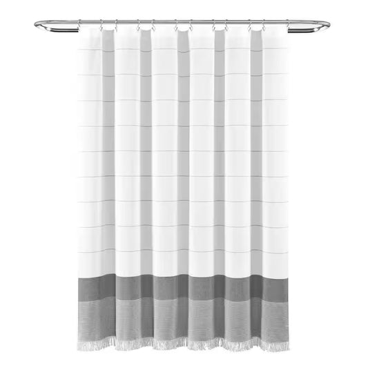 72 In. X 72 In. Gray Stripe Yarn Dyed Tassel Fringe Woven Cotton Shower Curtain