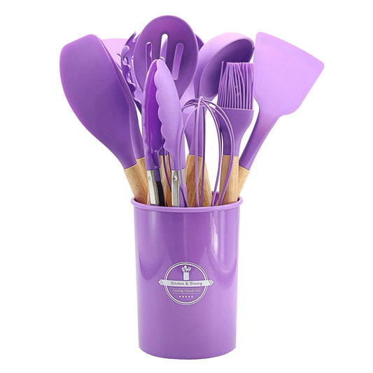 Kitchen Cookware Set, 12 Piece Nonstick Silicone Cookware Spatula Set with Wooden Handle (No Stand), Wood Handle Heat Resistant Silicone Cookware Set (Purple)