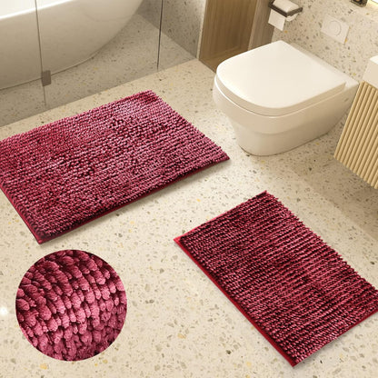 Bathroom Rugs Set - 2 Piece Butter Chenille Bath Rugs with Non Slip Backing, Super Absorbent Thick Soft Plush Bath Mats for Bathroom, Tub, Shower (Burgundy, 20"X32" / 17"X24")