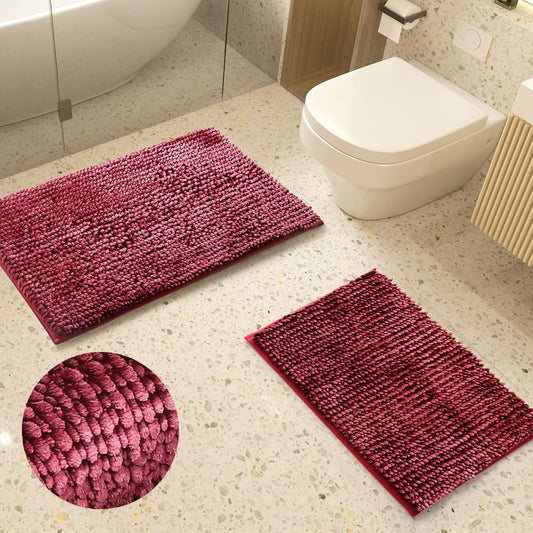 Bathroom Rugs Set - 2 Piece Butter Chenille Bath Rugs with Non Slip Backing, Super Absorbent Thick Soft Plush Bath Mats for Bathroom, Tub, Shower (Burgundy, 20"X32" / 17"X24")