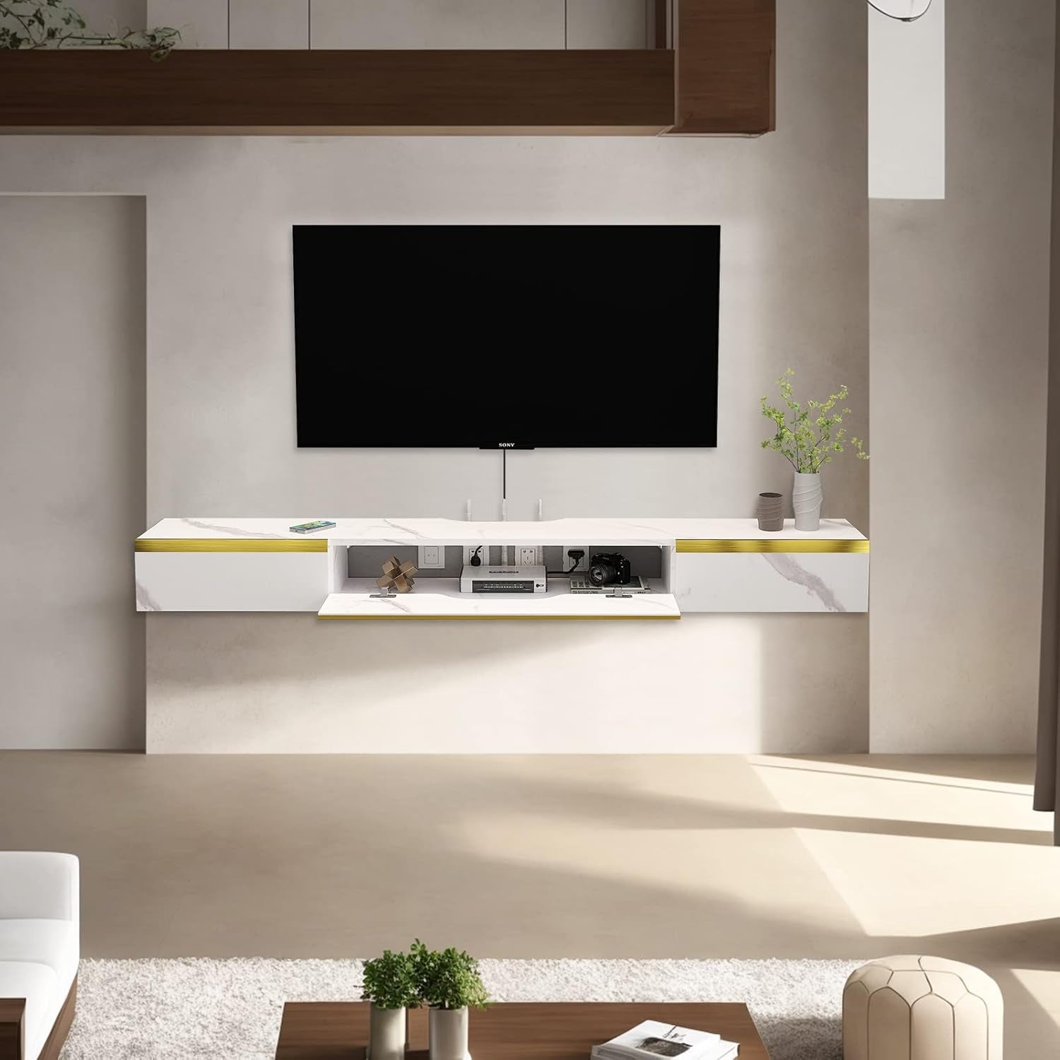 Floating TV Shelf with 3 Doors, 47'' Wall Mounted Wood Floating TV Console Entertainment Media Shelf TV Wall Unit with Storage for Bedroom Living Room(White)