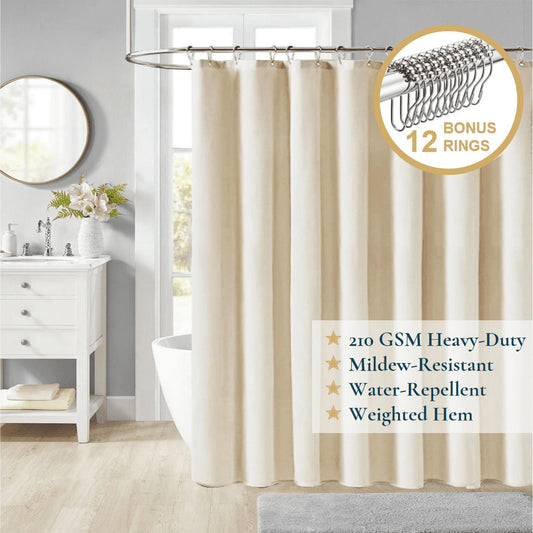 Fabric Shower Curtain with Hooks – 210 GSM Heavy-Duty Faux Linen Hotel Luxury Cloth Bathroom Curtain, Weighted Hem, Water-Repellent, Mold-Resistant, Machine-Washable, 72 X 72 In, Beige