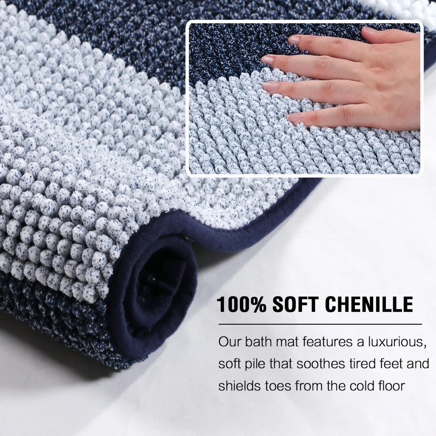 Extra Thick Chenille Striped Pattern Bath Rugs for Bathroom Non Slip - Soft Plush Shaggy Bath Mats for Bathroom Floor, Indoor Mats Rugs for Entryway (Navy, 32 X 20 plus 24 X 17 - Inches)
