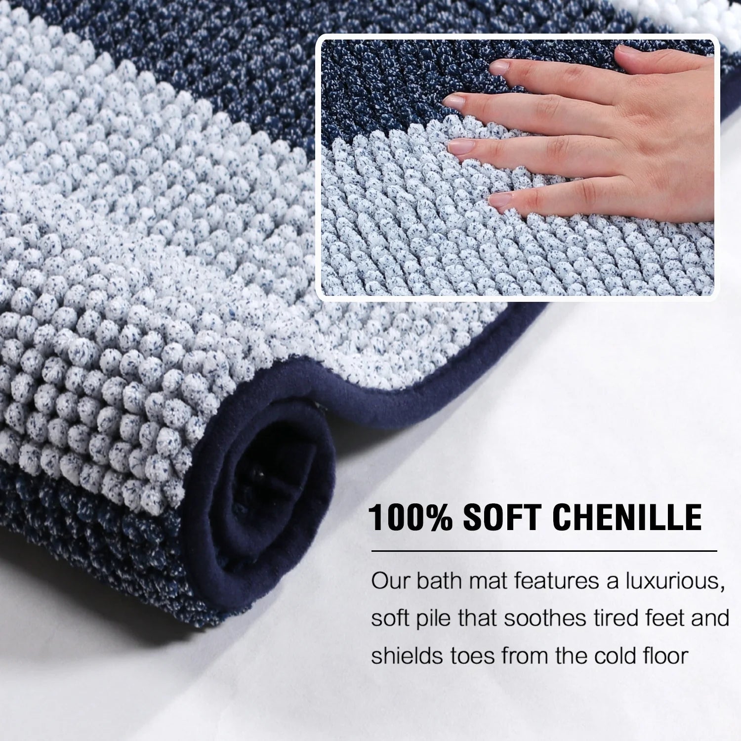 Extra Thick Chenille Striped Pattern Bath Rugs for Bathroom Non Slip - Soft Plush Shaggy Bath Mats for Bathroom Floor, Indoor Mats Rugs for Entryway (Navy, 32 X 20 plus 24 X 17 - Inches)