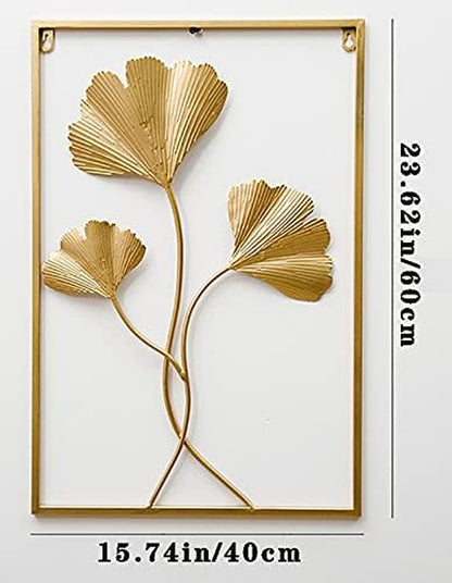 Gold Metal Wall Decor, 24" X 16" Gold Leaf Wall Decor with Frame, Golden Metal Ginkgo Leaf Wall Art Wall Sculpture for Living Room, Office, Home, Hotel