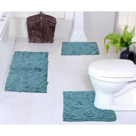 Modesto Bath Rug 100% Cotton Bath Rugs Set, 3-Pcs Set with Contour, Blue