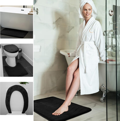 5-Piece Bathroom Rug Set - Memory Foam Bath Mat, Non-Slip, Machine Washable, Ultra-Soft, Water Absorbent, Black