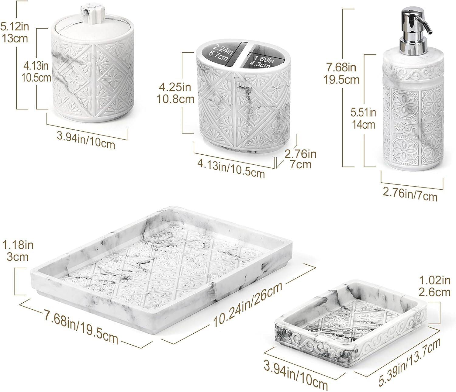 Bathroom Accessory Sets 5 Pcs, 3D Resin Vanity Tray, Toothbrush Holder Cup, Soap Dish, Cotton Swab Holder, Soap Lotion Dispenser, Home Decor Bath Counter Accessory Completes, Marble White