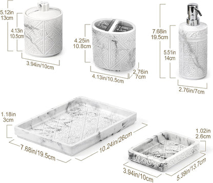 Bathroom Accessory Sets 5 Pcs, 3D Resin Vanity Tray, Toothbrush Holder Cup, Soap Dish, Cotton Swab Holder, Soap Lotion Dispenser, Home Decor Bath Counter Accessory Completes, Marble White