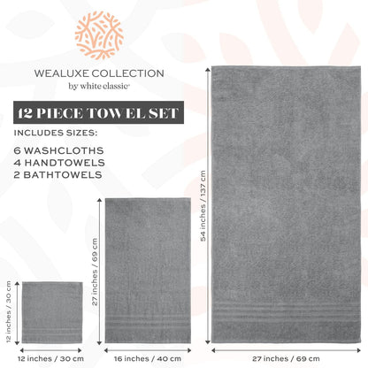 12 Piece Bath Towel Set for Bathroom - Wealuxe Collection 2 Bath Towels, 4 Hand Towels, 6 Washcloths 100% Cotton Soft and Plush Highly Absorbent, Soft Towel for Hotel & Spa - Light Gray