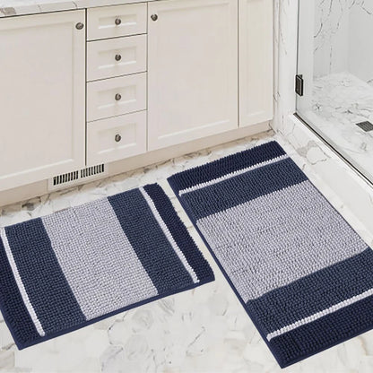 Extra Thick Chenille Striped Pattern Bath Rugs for Bathroom Non Slip - Soft Plush Shaggy Bath Mats for Bathroom Floor, Indoor Mats Rugs for Entryway (Navy, 32 X 20 plus 24 X 17 - Inches)