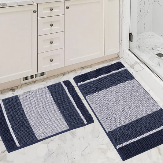 Extra Thick Chenille Striped Pattern Bath Rugs for Bathroom Non Slip - Soft Plush Shaggy Bath Mats for Bathroom Floor, Indoor Mats Rugs for Entryway (Navy, 32 X 20 plus 24 X 17 - Inches)