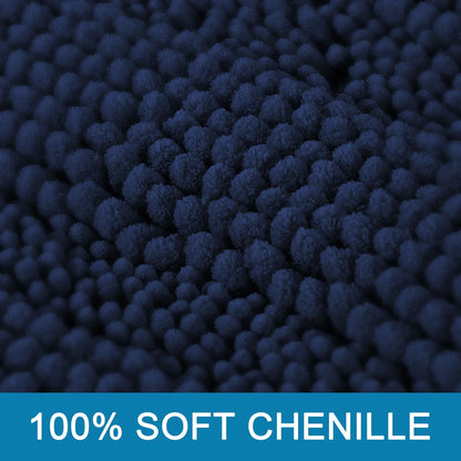 Chenille Shaggy Rug Collection Contemporary Solid Print Navy Microfiber Polyester Bath Rugs, 20" X 32" plus 17" X 24", Machine Washable, 2 Count