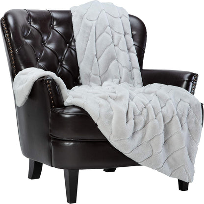 Premium Super Soft Emboss Faux Fur Silky Mink Throw Blanket - Luxurious Elegant Blanket for Sofa Chair Couch Bed & Living Room Decorative Royal Soft Reversible Blanket (50X65 Inches) Silver