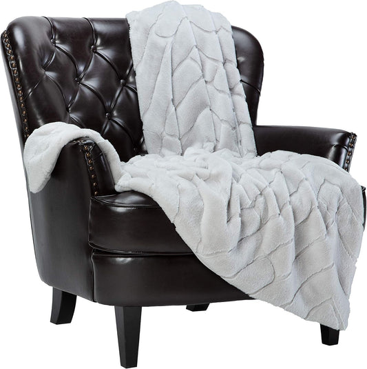 Premium Super Soft Emboss Faux Fur Silky Mink Throw Blanket - Luxurious Elegant Blanket for Sofa Chair Couch Bed & Living Room Decorative Royal Soft Reversible Blanket (50X65 Inches) Silver