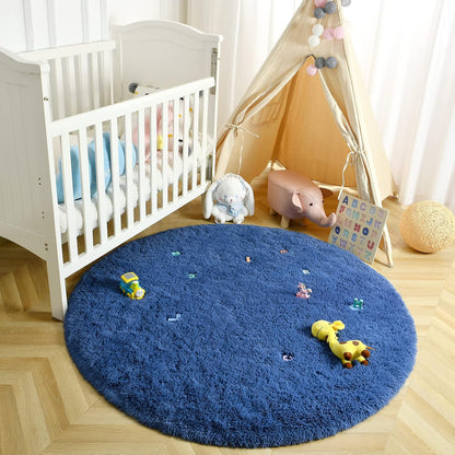 Luxury round Fluffy Area Rugs for Bedroom Kids Girls Room Nursery, Super Soft Circle Rug, Cute Shaggy Carpet for Children Living Room, 4X4 Feet Light Navy