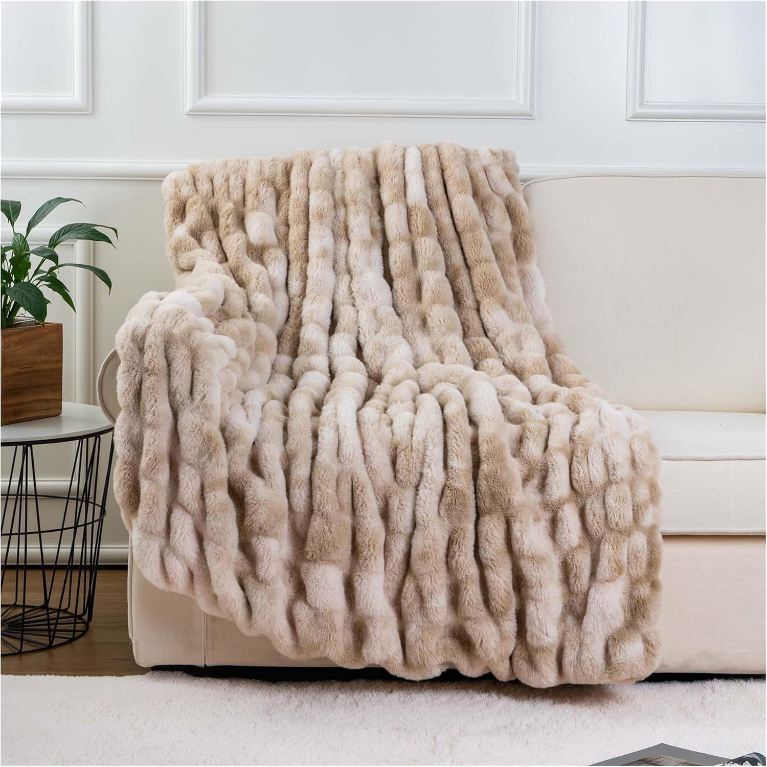 Ruched Luxurious Soft Beige Faux Fur Throw Blanket Fuzzy Plush Elegant with Reversible Mink Blanket for Sofa,Chair, Couch, Living Room, Home Decorative Blanket Tie Dye (Beige, 50"X60")