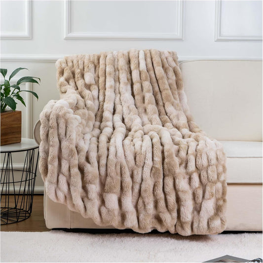 Ruched Luxurious Soft Beige Faux Fur Throw Blanket Fuzzy Plush Elegant with Reversible Mink Blanket for Sofa,Chair, Couch, Living Room, Home Decorative Blanket Tie Dye (Beige, 50"X60")