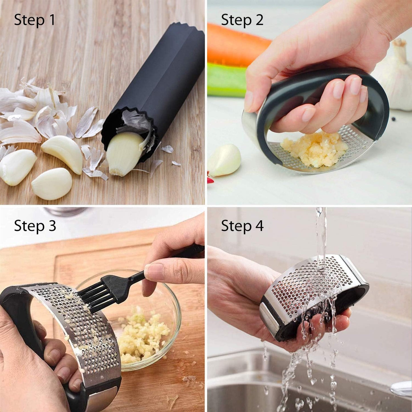 Garlic Press Rocker, Stainless Steel Garlic Mincer Crusher Professional Kitchen Gadgets Garlic Chopper with Ergonomic Handle Silicone Tube Peeler and Cleaning Brush Tool