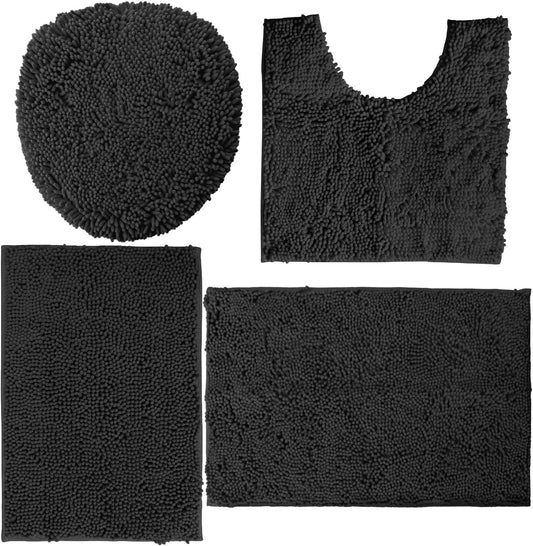 4-Piece Bathroom Rug Set - Soft Chenille Mats, Non-Slip Toilet Mat & Lid Cover for Comfort & Style (20X20 U, 16X24, 20X30 & 19X19 Inches, Black)