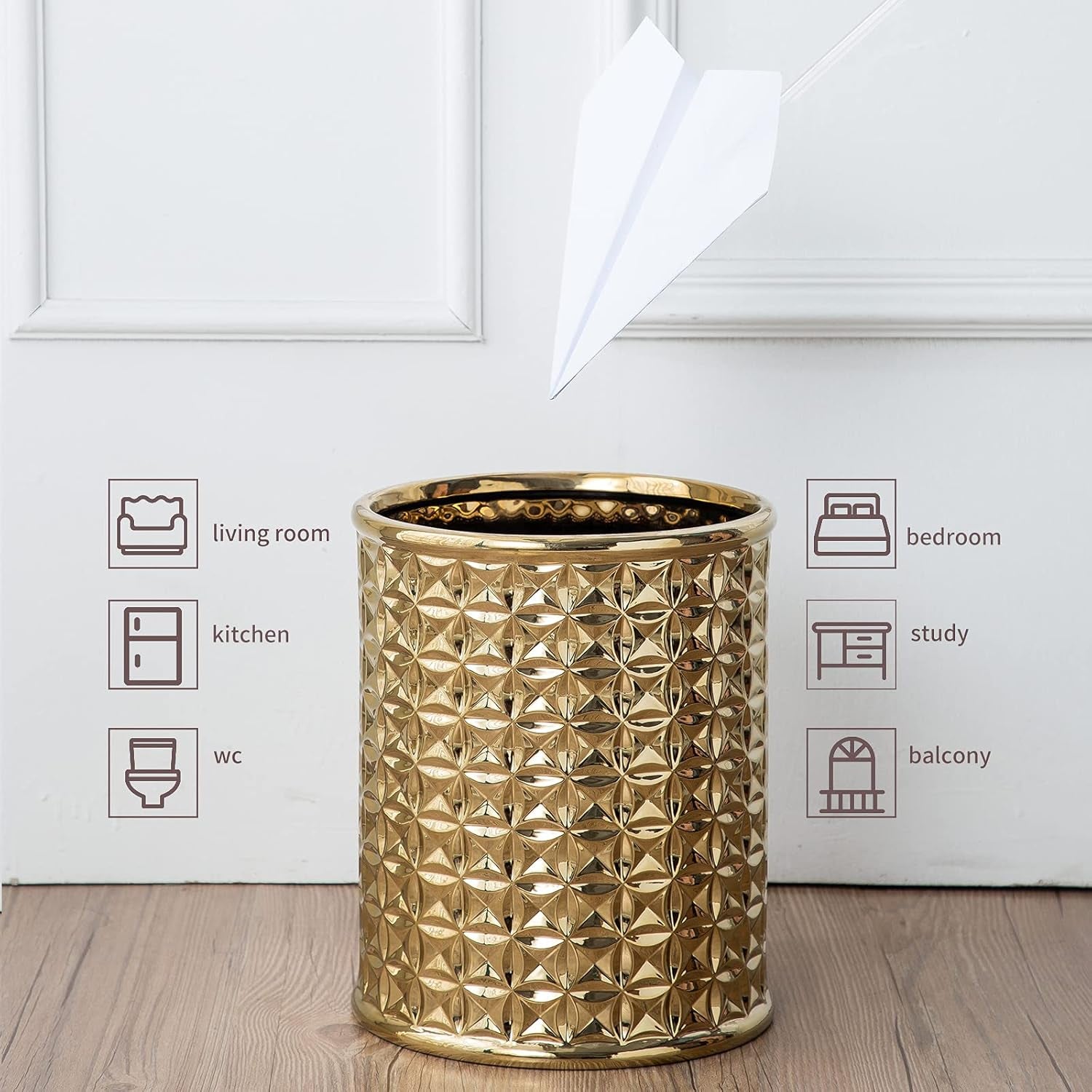 Gold Ceramic Trash Can - round Waste Bin for Bathroom Vanity & Kitchen Desk, Durable Small Garbage Can with Lid, Modern Home Office Decor, Space-Saving Design
