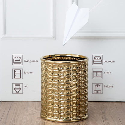 Gold Ceramic Trash Can - round Waste Bin for Bathroom Vanity & Kitchen Desk, Durable Small Garbage Can with Lid, Modern Home Office Decor, Space-Saving Design