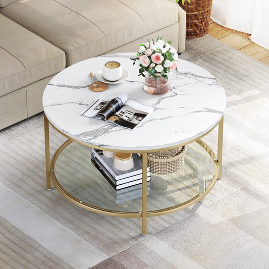 Dexturs 2-Tier round Coffee Table Marble Center Cocktail Table with Glass Open Storage Shelf, White