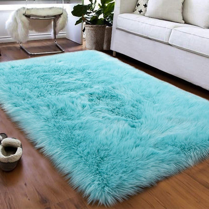 Fluffy Faux Fur Sheepskin Rugs Luxurious Wool Area Rug for Kids Room Bedroom Bedside Living Room Office Home Decor Carpet (3Ft X 5Ft, Light Blue)