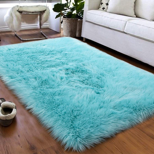 Fluffy Faux Fur Sheepskin Rugs Luxurious Wool Area Rug for Kids Room Bedroom Bedside Living Room Office Home Decor Carpet (3Ft X 5Ft, Light Blue)