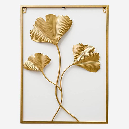 Gold Metal Wall Decor, 24" X 16" Gold Leaf Wall Decor with Frame, Golden Metal Ginkgo Leaf Wall Art Wall Sculpture for Living Room, Office, Home, Hotel