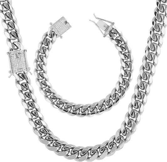 Miami Cuban Link Chain Set for Men 18K Gold Plated Stainless Steel 10/12Mm Curb Bracelet Necklace Diamond Chains